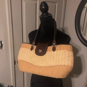 Beautiful Brighton Woven Straw Brow/ Tan Handbag Shoulder Braided Handle